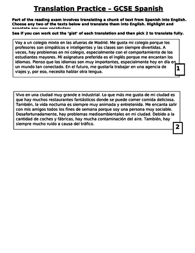 GCSE Spanish: Translation Practice (homework / cover work / revision