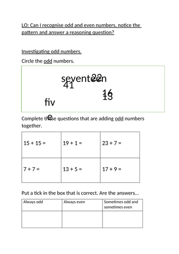 Odd and even numbers activity sheet. | Teaching Resources