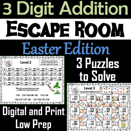 Triple Digit Addition With and Without Regrouping Game: Easter Escape Room
