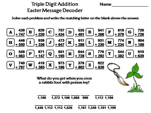 Triple Digit Addition With Regrouping Easter Math Activity: Message Decoder