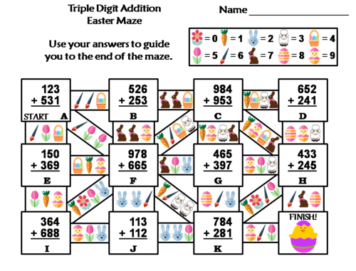 Triple Digit Addition With Regrouping Easter Math Maze