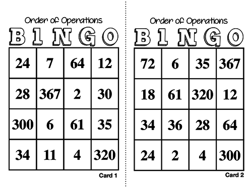 Math BINGO: Order of Operation *no exponents*