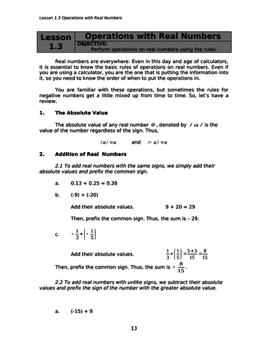 First Year Secondary Math (Real Numbers)- Content, Practice Exercises and Assessment