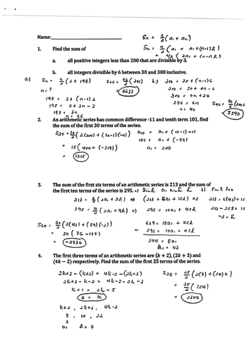 IBDP Math SL Arithmetic Sequence and Series Exercises and Assessments with Working and Answers