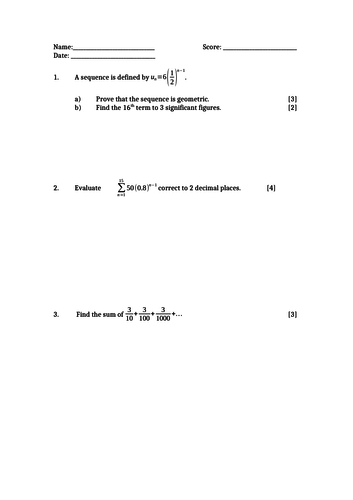 IBDP Math SL Worksheet on Geometric Sequences and Series with Working and Answer