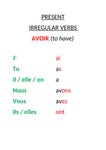 French Present Verb Etre Avoir Sheets Teaching Resources