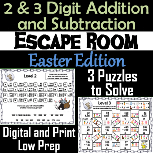 2 and 3 Digit Addition and Subtraction W & WO Regrouping Escape Room Easter