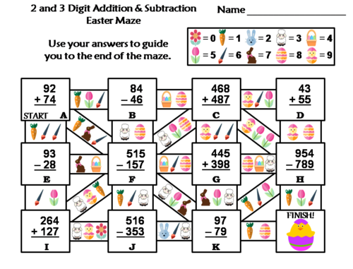 2 and 3 Digit Addition and Subtraction With Regrouping Easter Math Maze