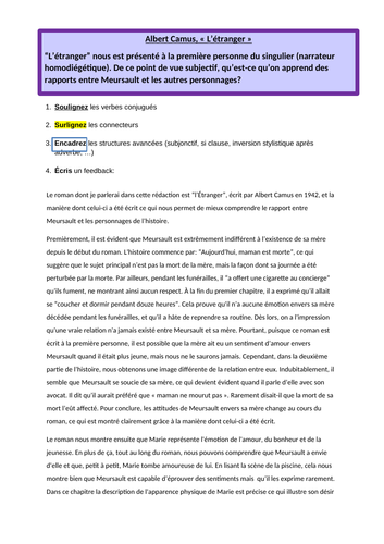 A level - L'étranger - MODEL ESSAY - narrateur homodiégétique / en JE