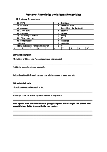 Year 7 - L'école - (advanced) opinions on school subjects