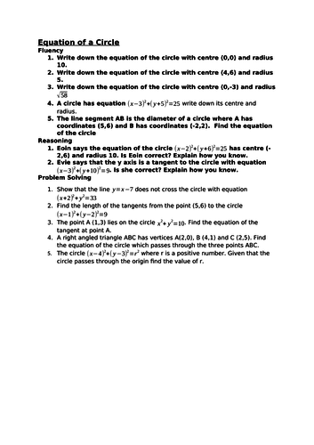 Equation of a Circle- fluency, reasoning and Problem Solving