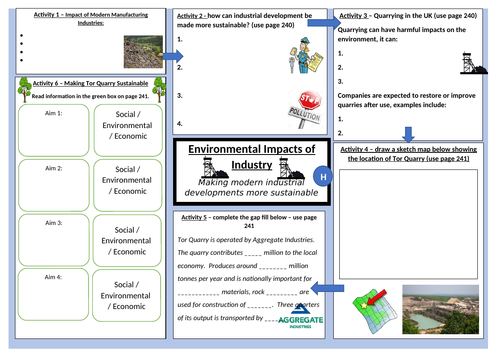 AQA GCSE Geography Worksheet on the Impacts of Industry on the Physical Environment and Tor Quarry