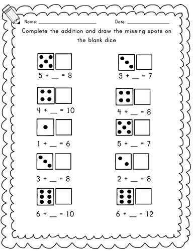 Year 1/2 Fill in the dice worksheet to complete additions