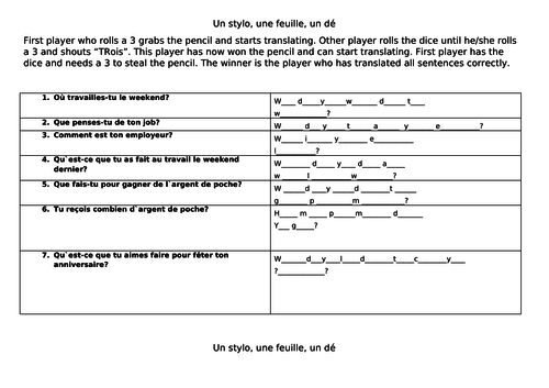 Game: One pen one dice one paper / GCSE questions