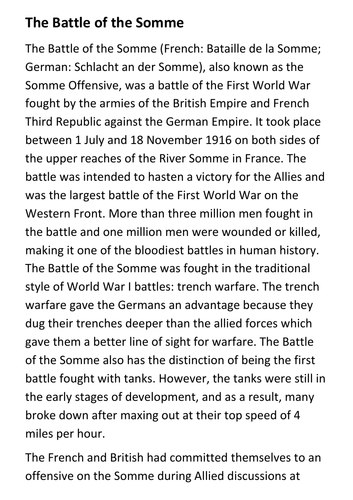 The Battle of the Somme Handout