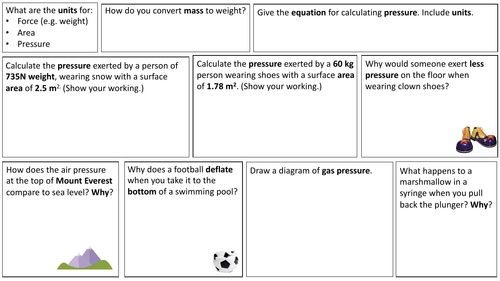 Pressure (in fluids) Revision/Summary/Research Sheet (with answers)