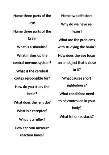 Homeostasis, Brain and Eye Revision Questions