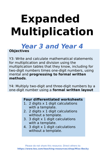 Expanded Column Multiplication - Differentiated Worksheets for Year 3 / Year 4