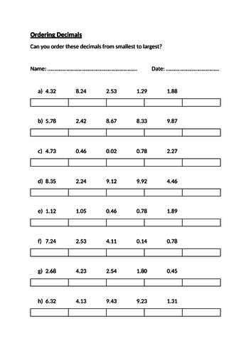 Ordering Decimals - Maths Worksheet