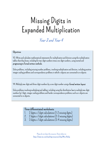 Missing Digit Expanded Multiplication Differentiated Worksheets for Year 3 and Year 4