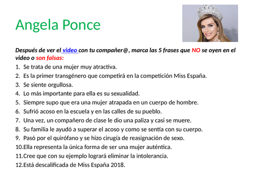 Starter Activity: Angela Ponce, Miss España 2018
