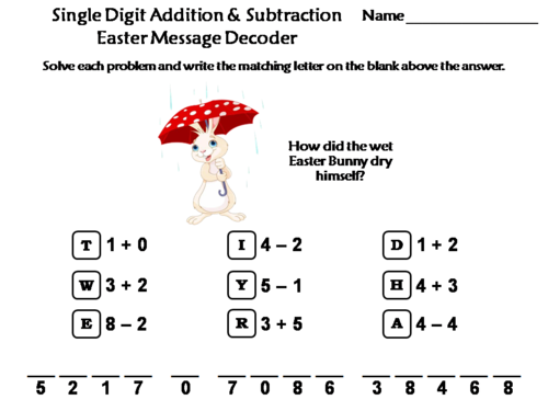 Single Digit Addition and Subtraction Easter Math Activity: Message Decoder