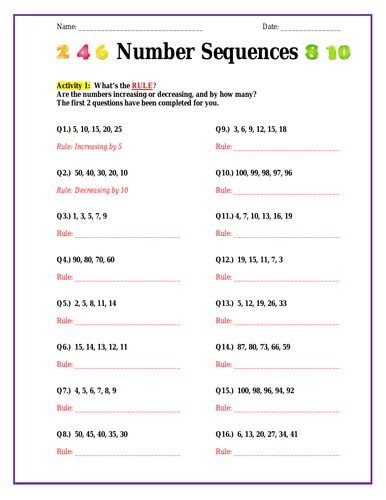 number sequences 3 stepped activities with answers teaching resources