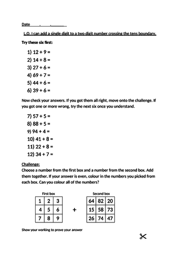 KS2 maths - Addition - add a single digit to a two digit number crossing the tens boundary