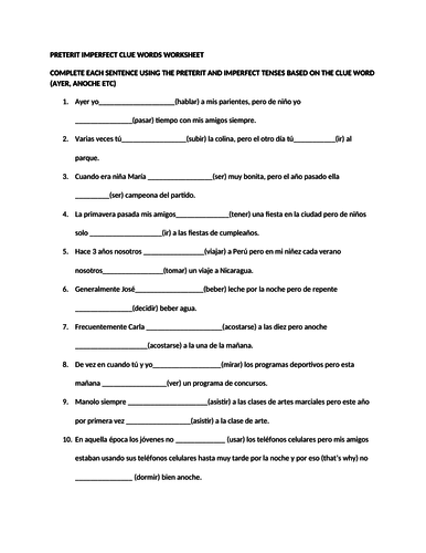 preterit imperfect clue words worksheet