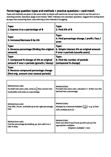 GCSE percentages revision activity - card match and mixed practice questions.