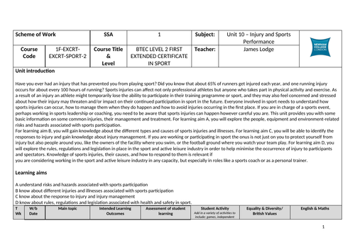 BTEC LEVEL 2 FIRST  Unit 10 – Injury and Sports Performance
