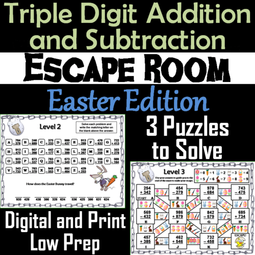Triple Digit Addition and Subtraction Game: Math Escape Room Easter