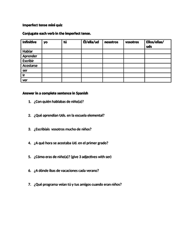imperfect tense mini quiz