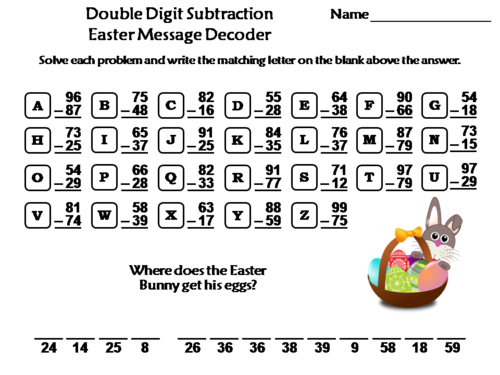Double Digit Subtraction Easter Math Activity: Message Decoder