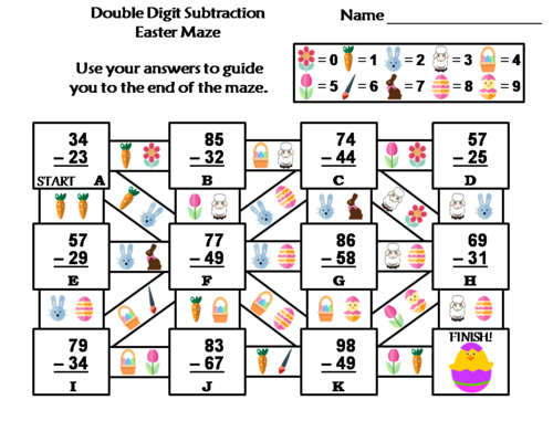 Double Digit Subtraction Easter Math Maze