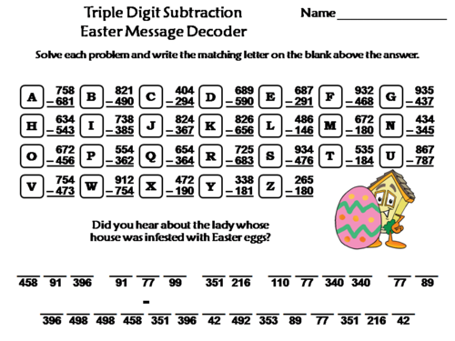 Triple Digit Subtraction Easter Math Activity: Message Decoder