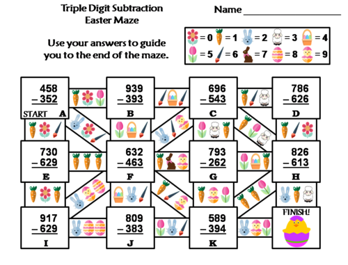 Triple Digit Subtraction Easter Math Maze