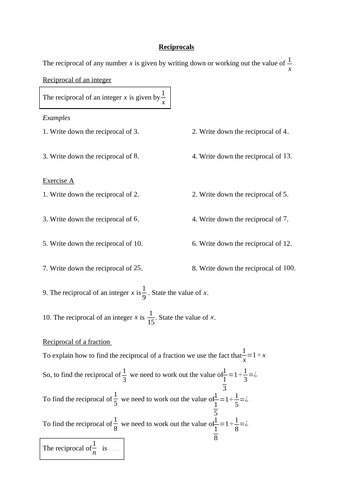 Reciprocal of integer, fraction, decimal