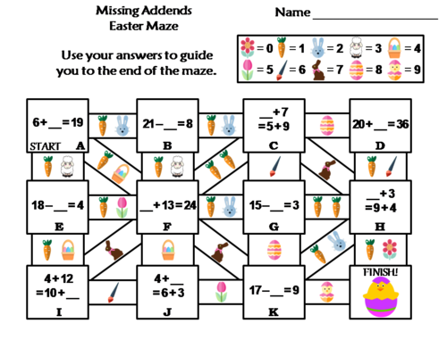 Missing Addends Easter Math Maze