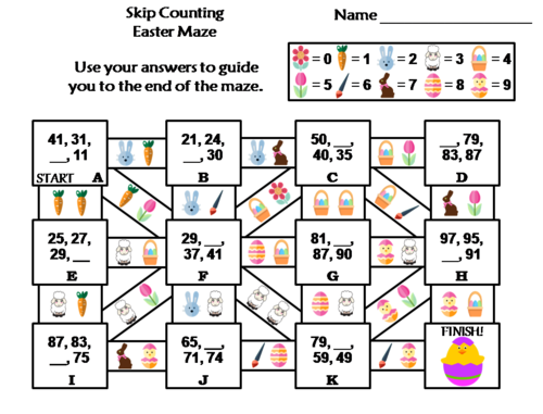 Skip Counting by 2, 3, 4, 5, 10 Easter Math Maze