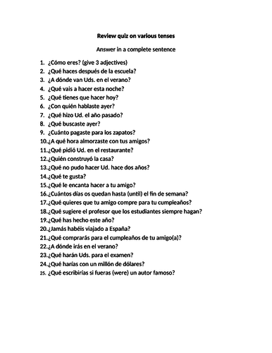 Review quiz on various tenses