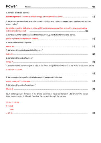 AQA GCSE Trilogy recall test and answers topic: Power