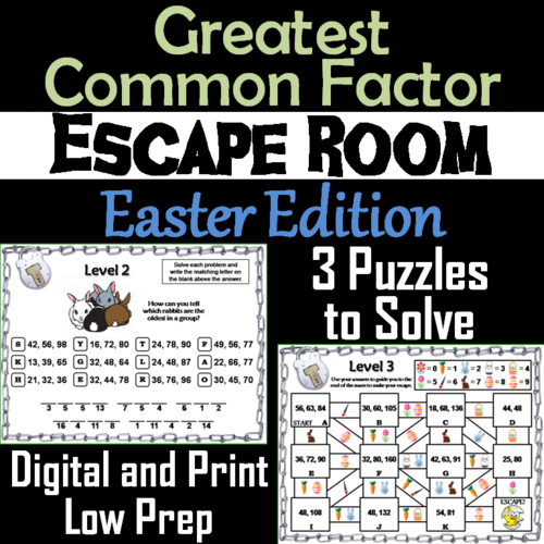 Easter Escape Room Math: Greatest Common Factor Game 4th 5th 6th 7th Grade