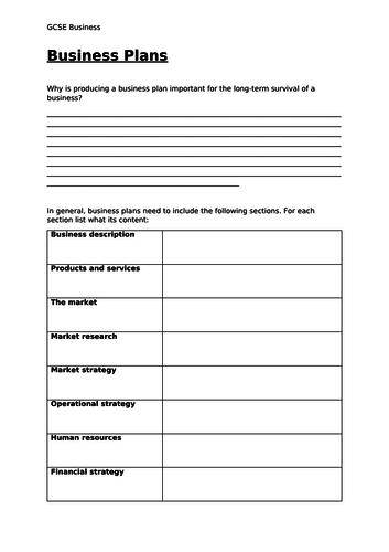 GCSE Business - Business Plans Knowledge worksheet/ revision material