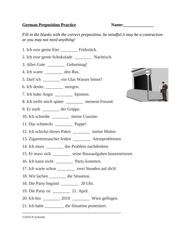 German Preposition Practice Worksheet: Common Idioms with auf, an, vor, zu, um