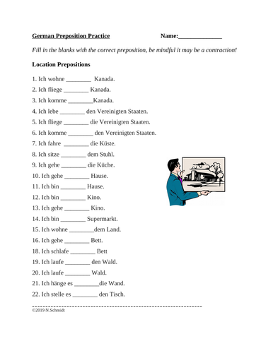 German Preposition Practice Worksheet: Location Based: in, nach, an, aus