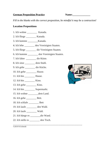 German Preposition Practice Worksheet: Location Based: in, nach, an