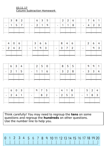 Year 3 Column Subtraction - 3 Digit Numbers Worksheet | Teaching Resources