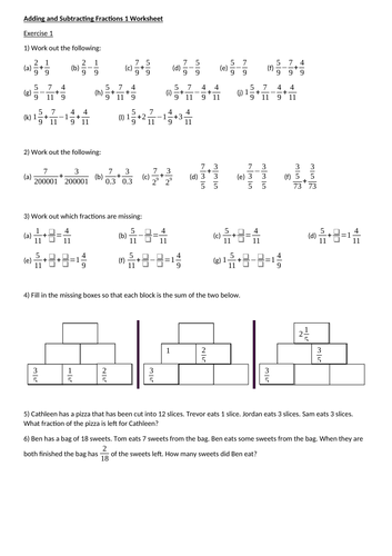 Adding and Subtracting Fractions complete worksheet set