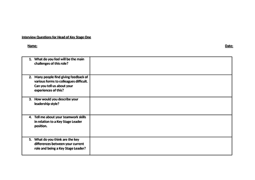 Head of Key Stage and Head of Year Example Interview Questions